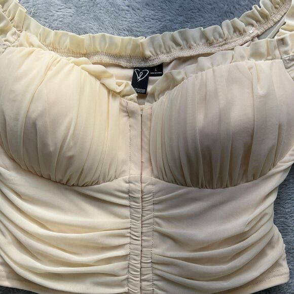 Babydoll Top Milkmaid Coquette Large Cream Off Shoulder Bustier Puff Sleeve Crop - Picture 2 of 11